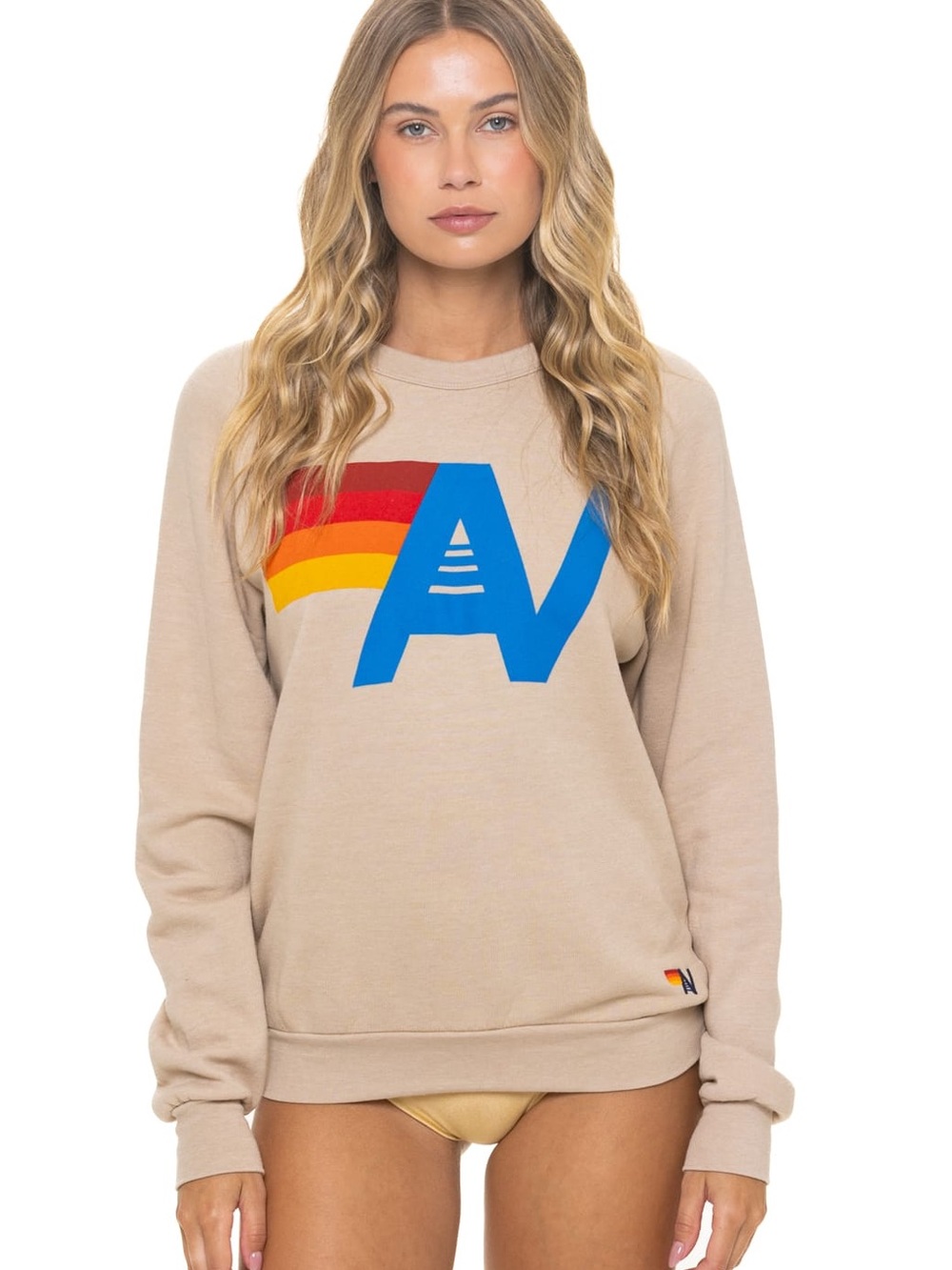 Aviator Nation Beige Crewneck with Blue Logo & Red-Orange-Yellow Stripes
